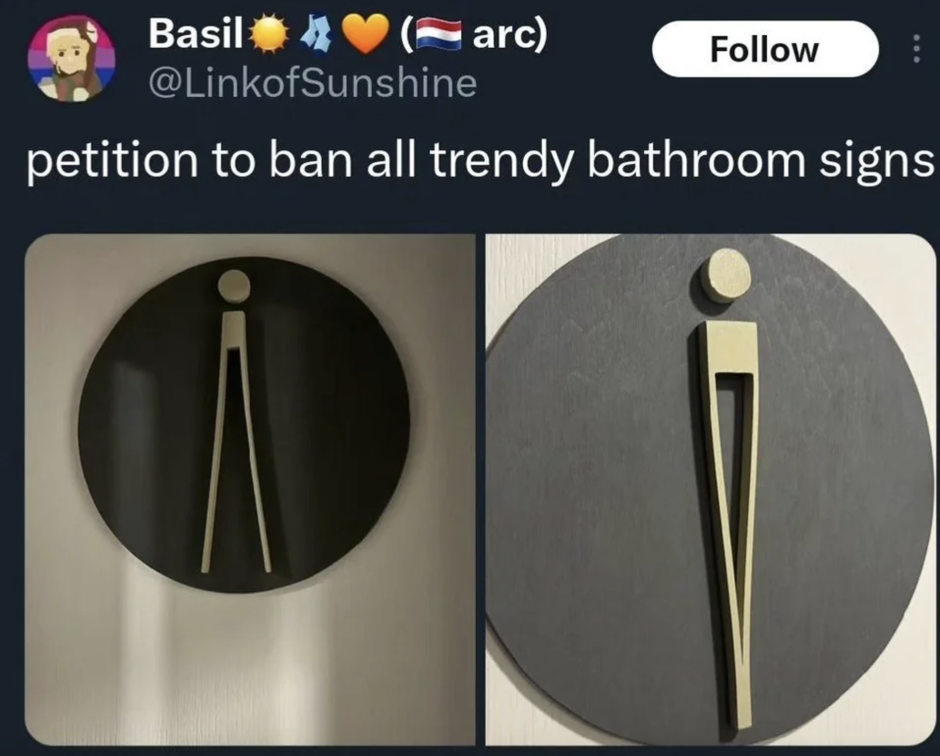 Internet meme - Basil arc petition to ban all trendy bathroom signs